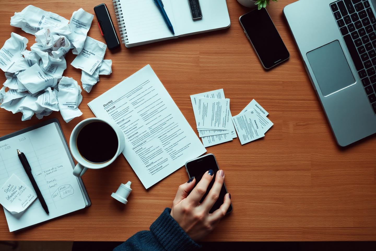 A small business owner's desk covered in loose receipts, notes and a laptop